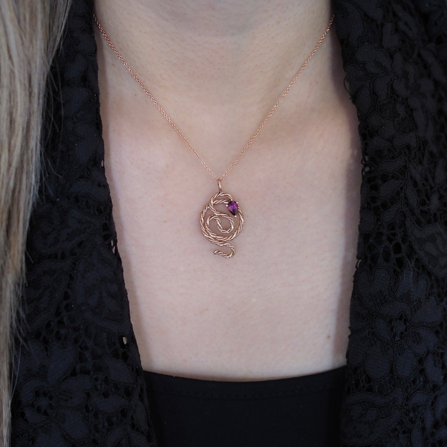 Rhodolite Garnet Snake Necklace • 14k Rose Gold