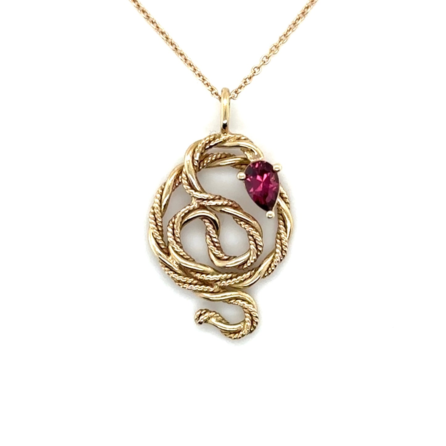 Rhodolite Garnet Snake Necklace • 14k Yellow Gold