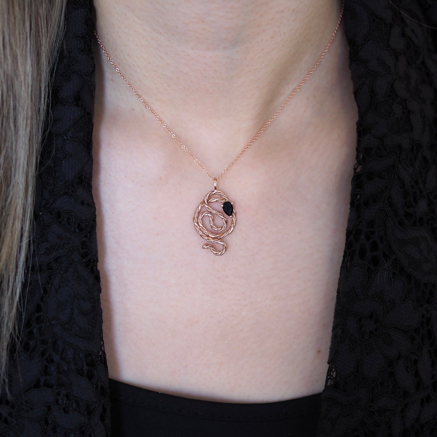 Onyx Snake Necklace • 14k Rose Gold