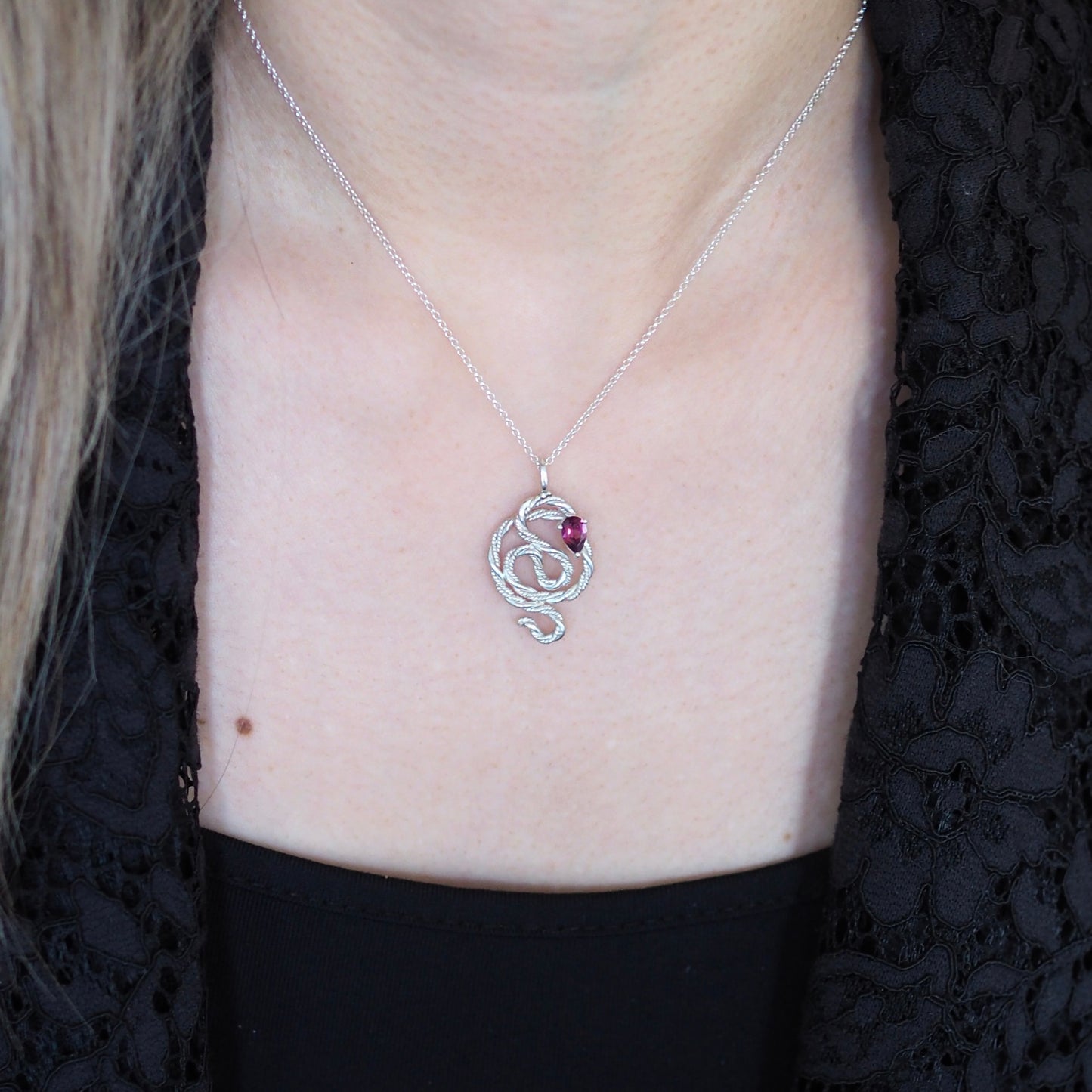 Rhodolite Garnet Snake Necklace • Sterling Silver