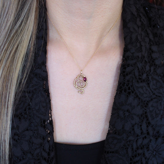 Rhodolite Garnet Snake Necklace • 14k Yellow Gold