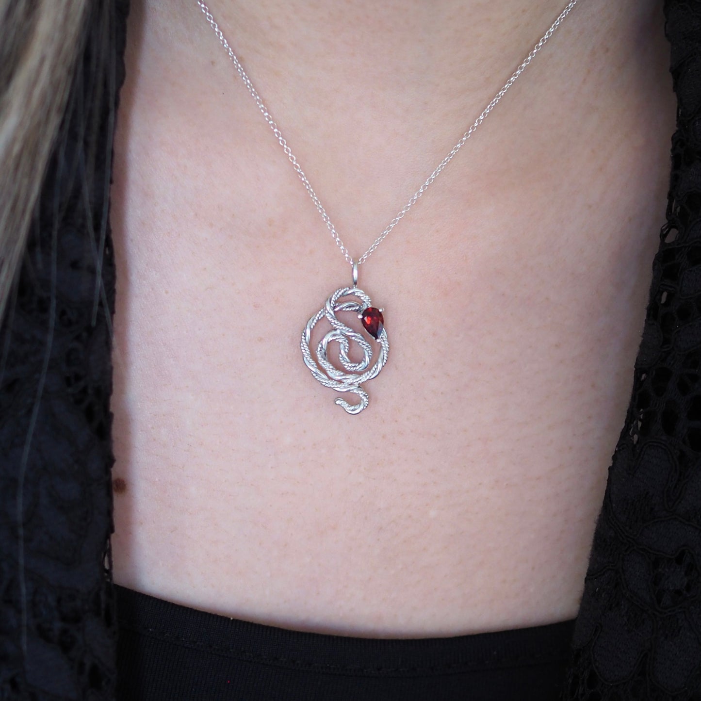 Red Garnet Snake Necklace • Sterling Silver